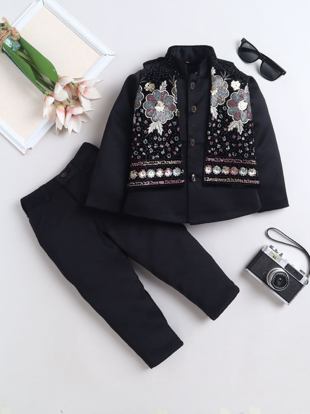 FOURFOLDS Boys Embroidered Mandarin Collar Sherwani & Trouser Set With Jacket