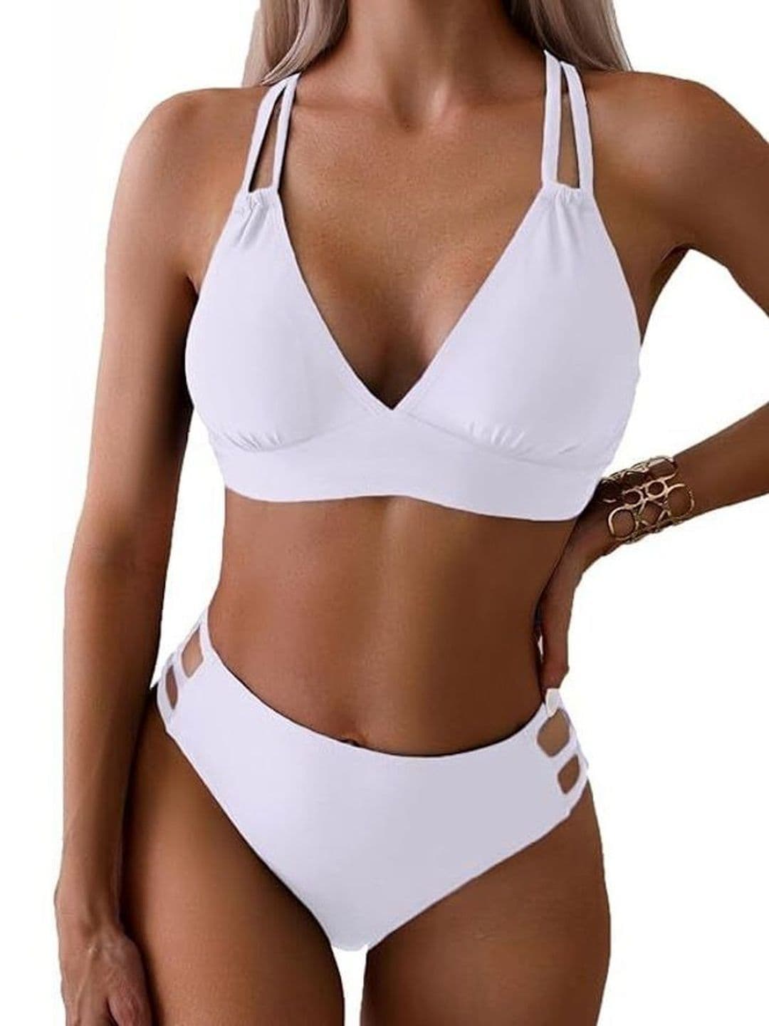 mahe fashion White V-Neck Solid Swim Bikini Set - view 1