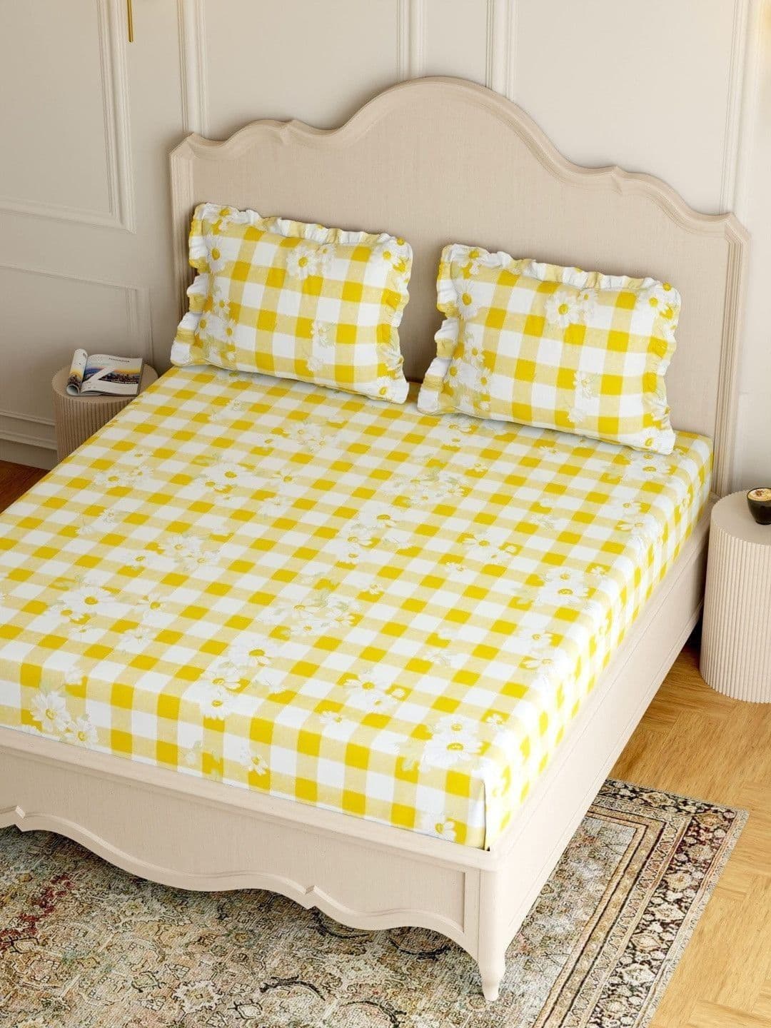 Pure Decor White Cotton Feel King Elastic Fitted Double Bedsheet With 2 Frill Pillow Cover - view 1