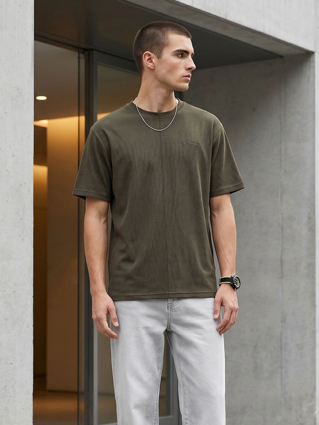 FCUK Relaxed Fit Self Design Round Neck T-shirt - view 1