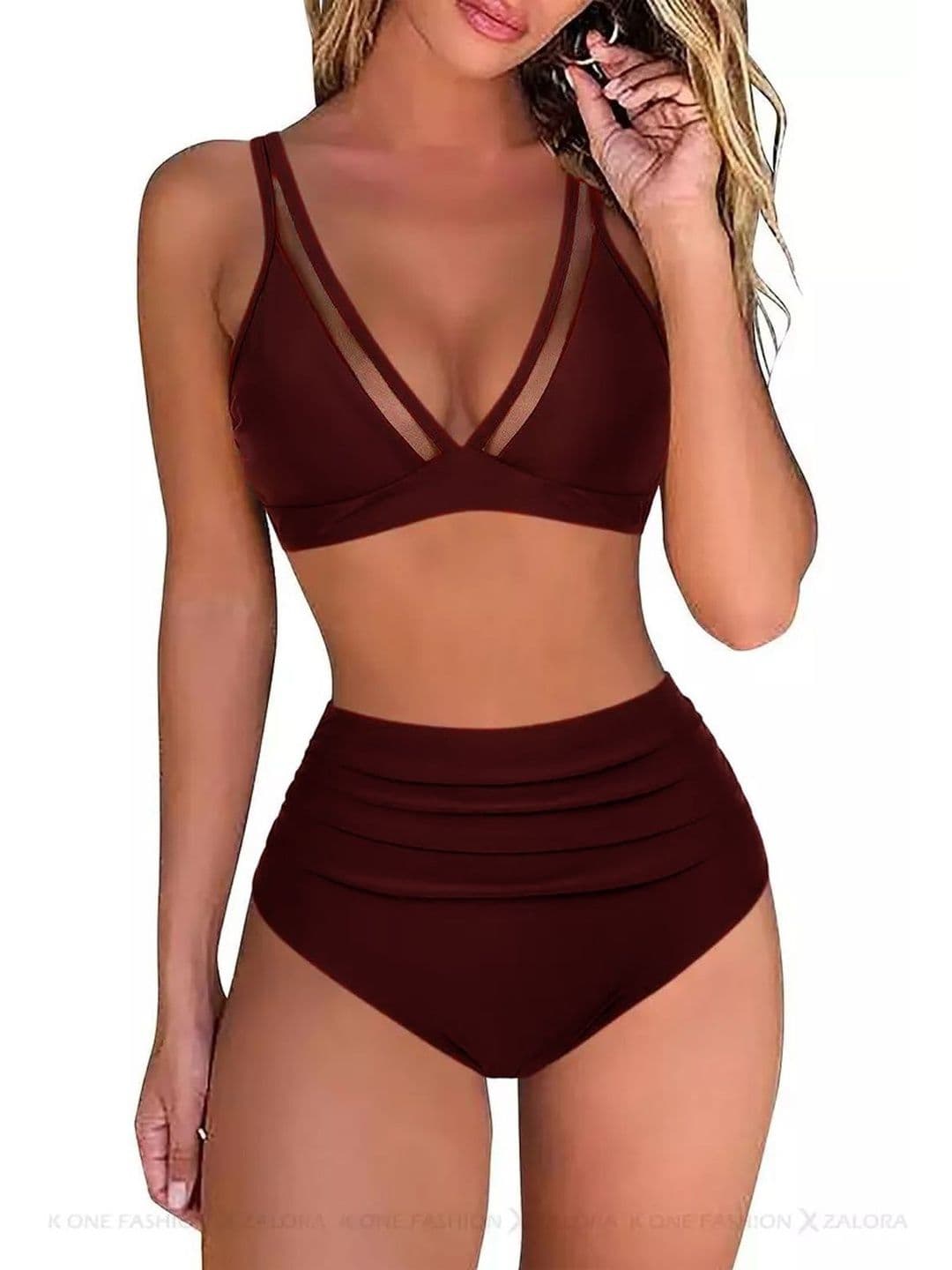 Shreecreation Maroon V-Neck Medium Coverage Solid Swim Bikini Set - view 1