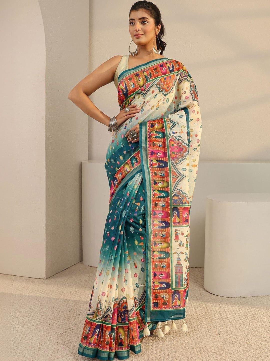 Libas Green Tribal Printed Ombre Tassel Saree with Unstitched Blouse Piece - view 1