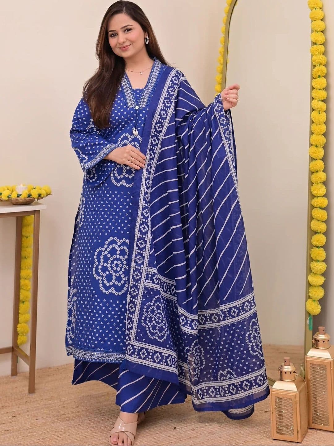 Bna Bnaya Women Bandhani Embroidered Regular Mirror Work Pure Cotton Kurta with Trousers & With Dupatta - view 1