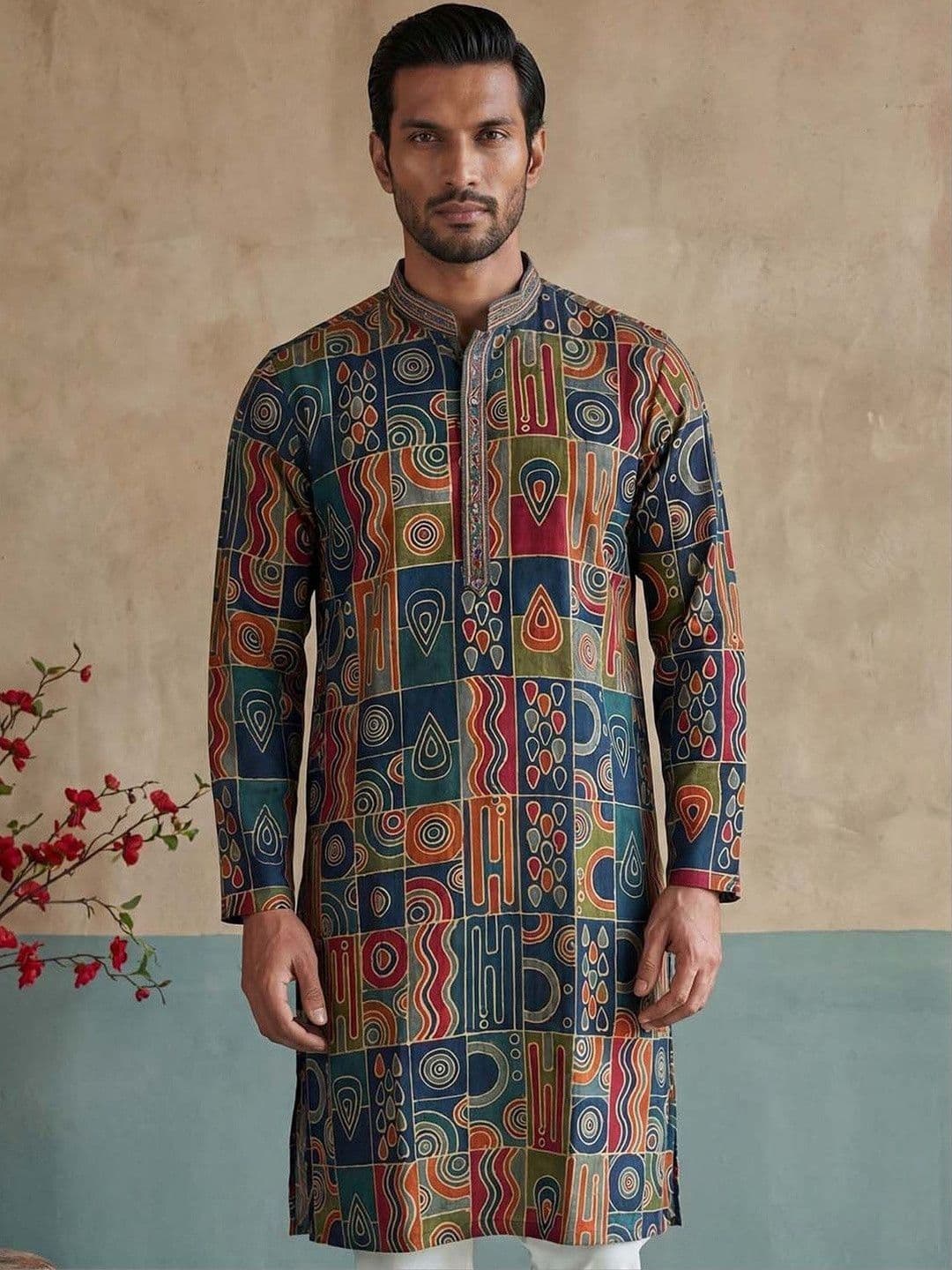 House of Pataudi Printed Mandarin Collar Knee Length Straight Kurta - view 1