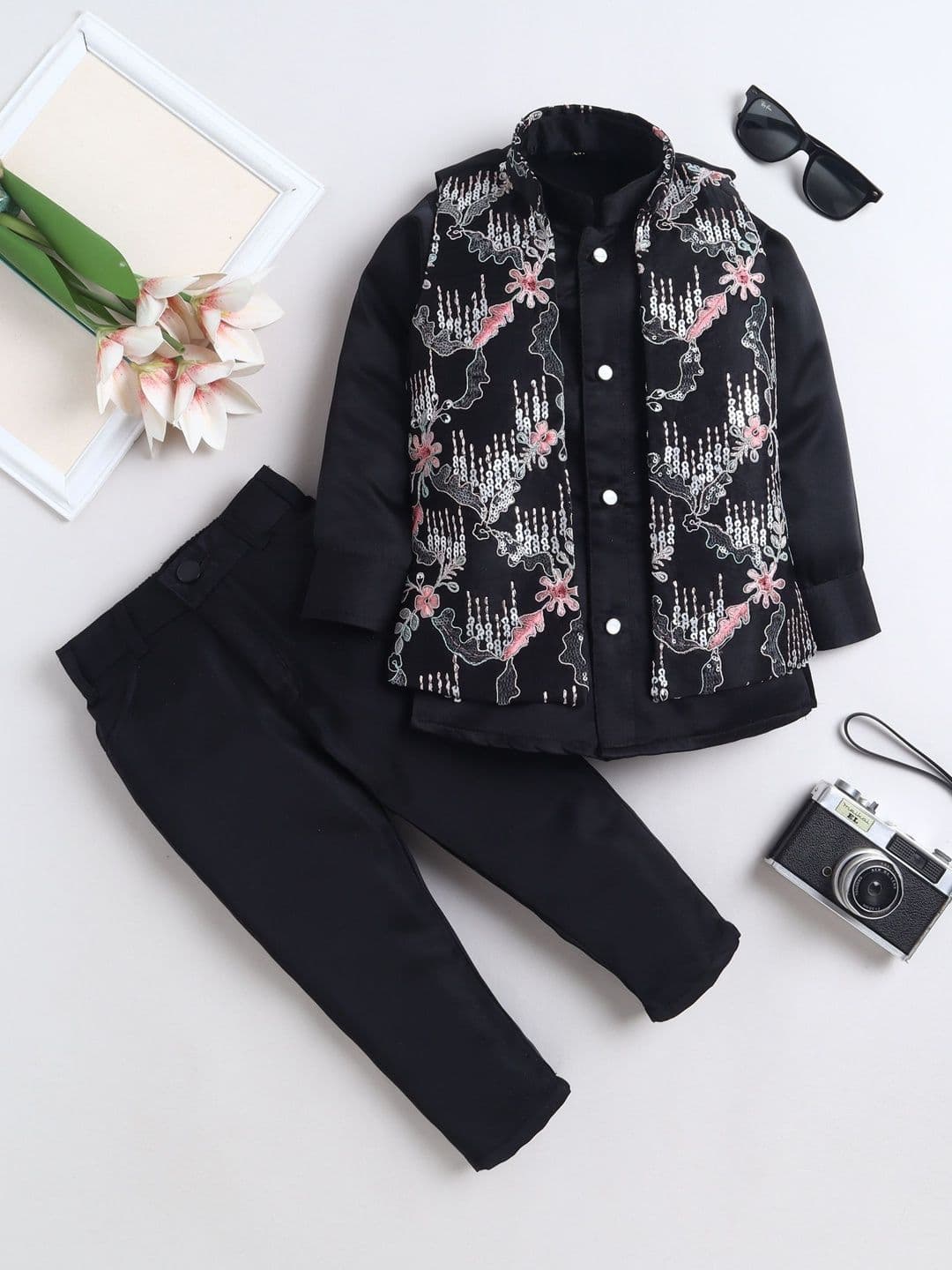 FOURFOLDS Boys Embroidered Mandarin Collar Sherwani & Trouser Set With Jacket