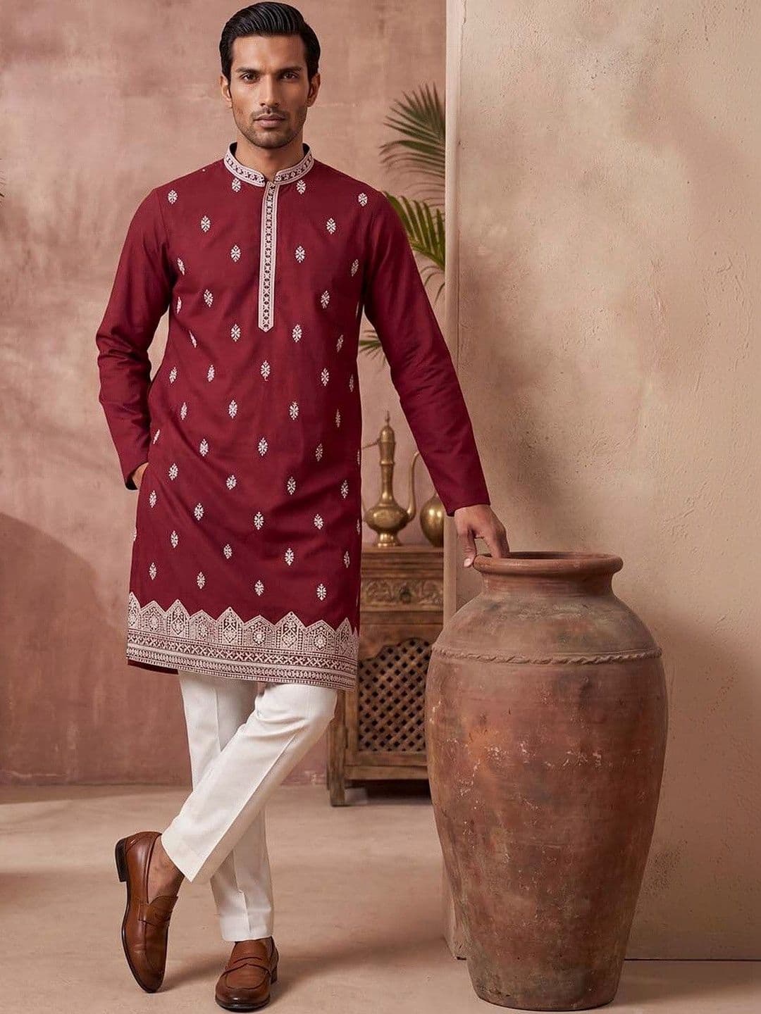 House of Pataudi Embroidered Mandarin Collar Calf Length Straight Kurtas - view 1