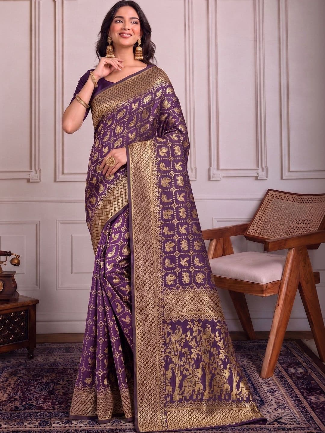 SZN Ethnic Motifs Zari Silk Blend Heavy Work Kanjeevaram Saree - view 1