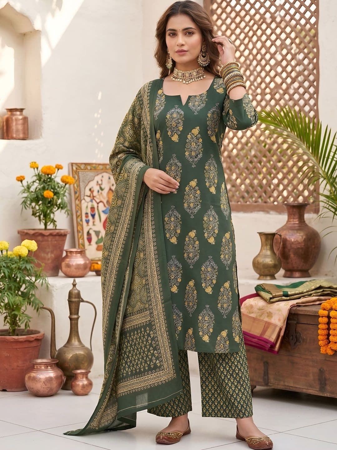 Nayo Women Ethnic Motifs Printed Regular Pure Cotton Kurta with Palazzos & With Dupatta - view 1