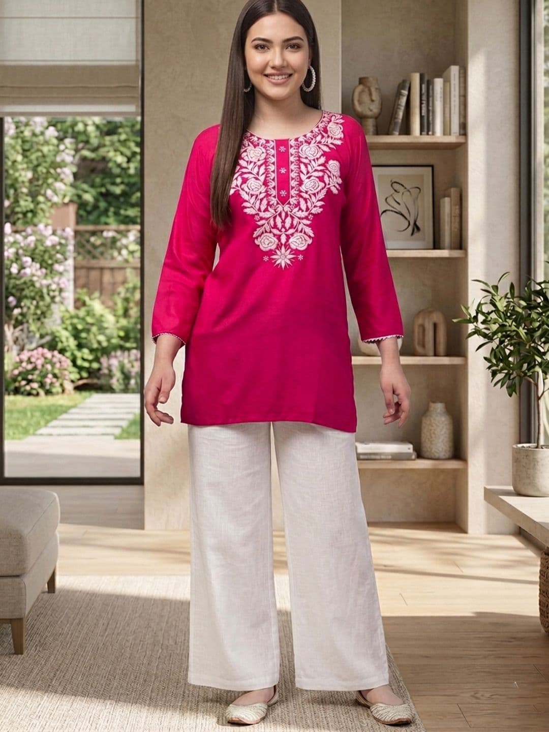 ASAD GARMENTS Women Ethnic Motifs Embroidered Regular Thread Work Kurti with Palazzos - view 1