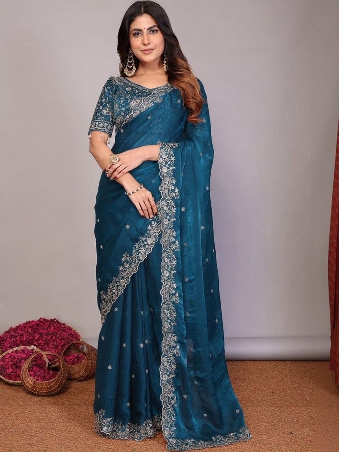 EKAIVE Embellished Embroidered Satin Heavy Work Saree - view 1