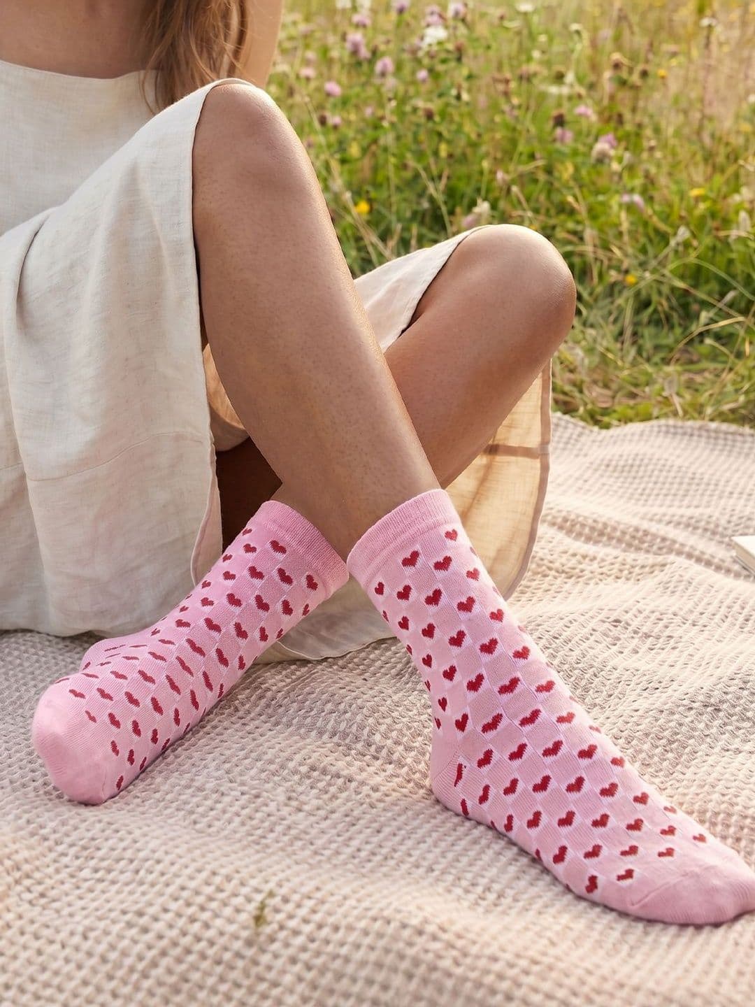 The Souled Store Women's Pink Heart Printed Checkered Crew Length Socks - view 1