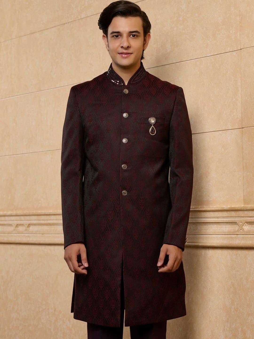 Tasva Wine Ambi Jacquard Indo-Western Set