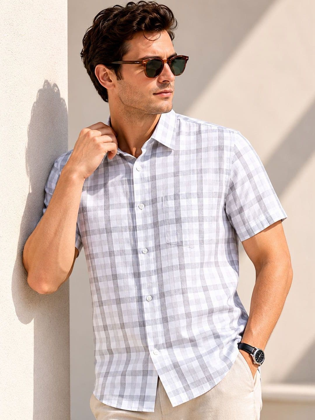 Hancock Men Checked Slim Fit Linen Formal Shirt