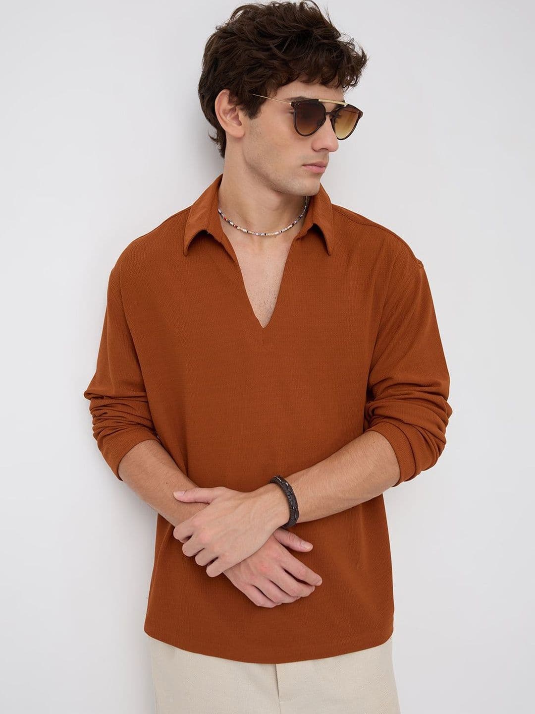 VASTRADO Aesthetic Orange Oversized Knitted Polo Shirt - view 1