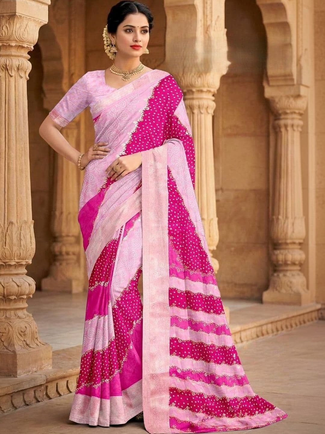 Swaraas Bandhani Zari Silk Blend Saree - view 1