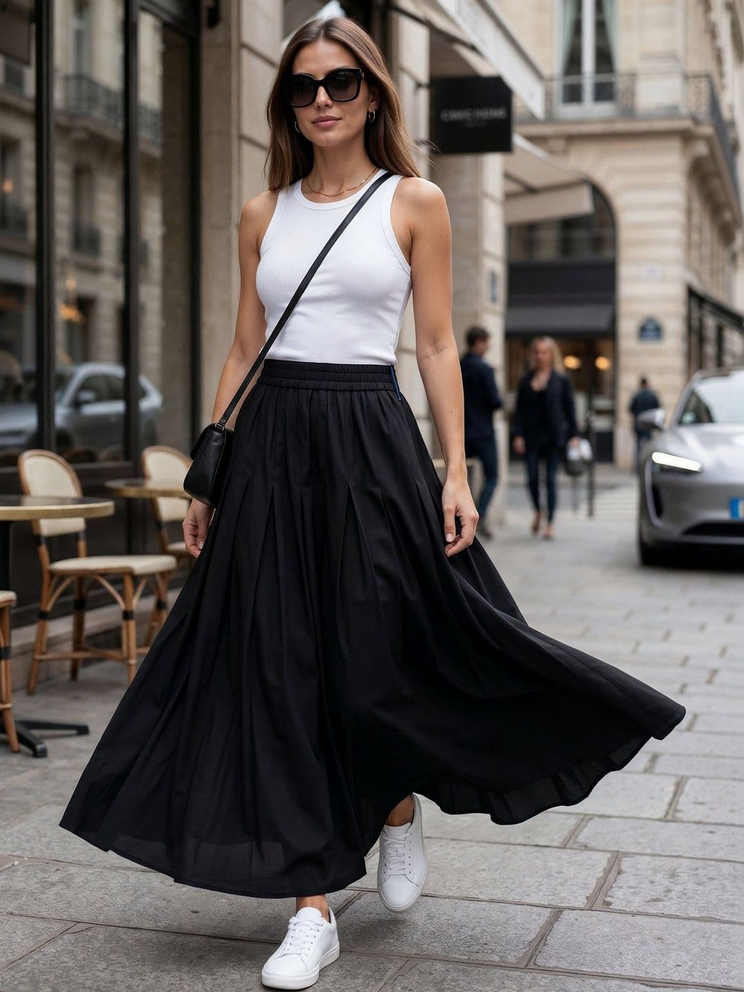 AASK Women Solid Black Cotton Blend Tiered Midi A-Line Flared Skirt - view 1
