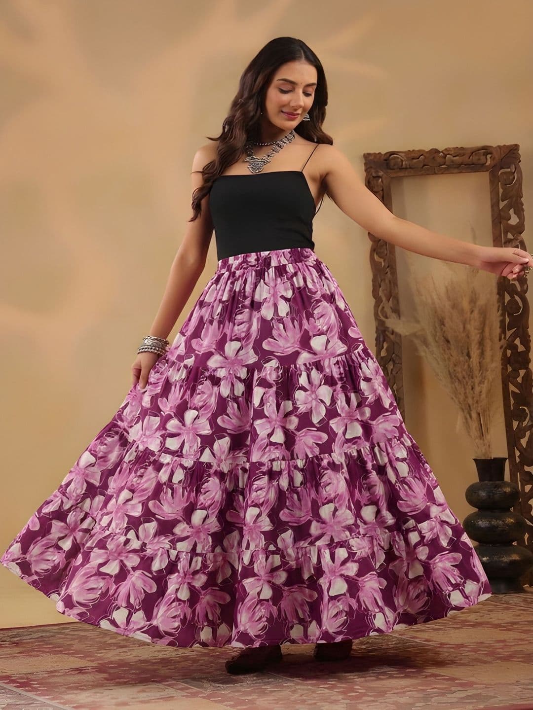 HARAYE Women Pure Cotton Cotton Cambric Floral Maxi Tiered Skirt - view 1