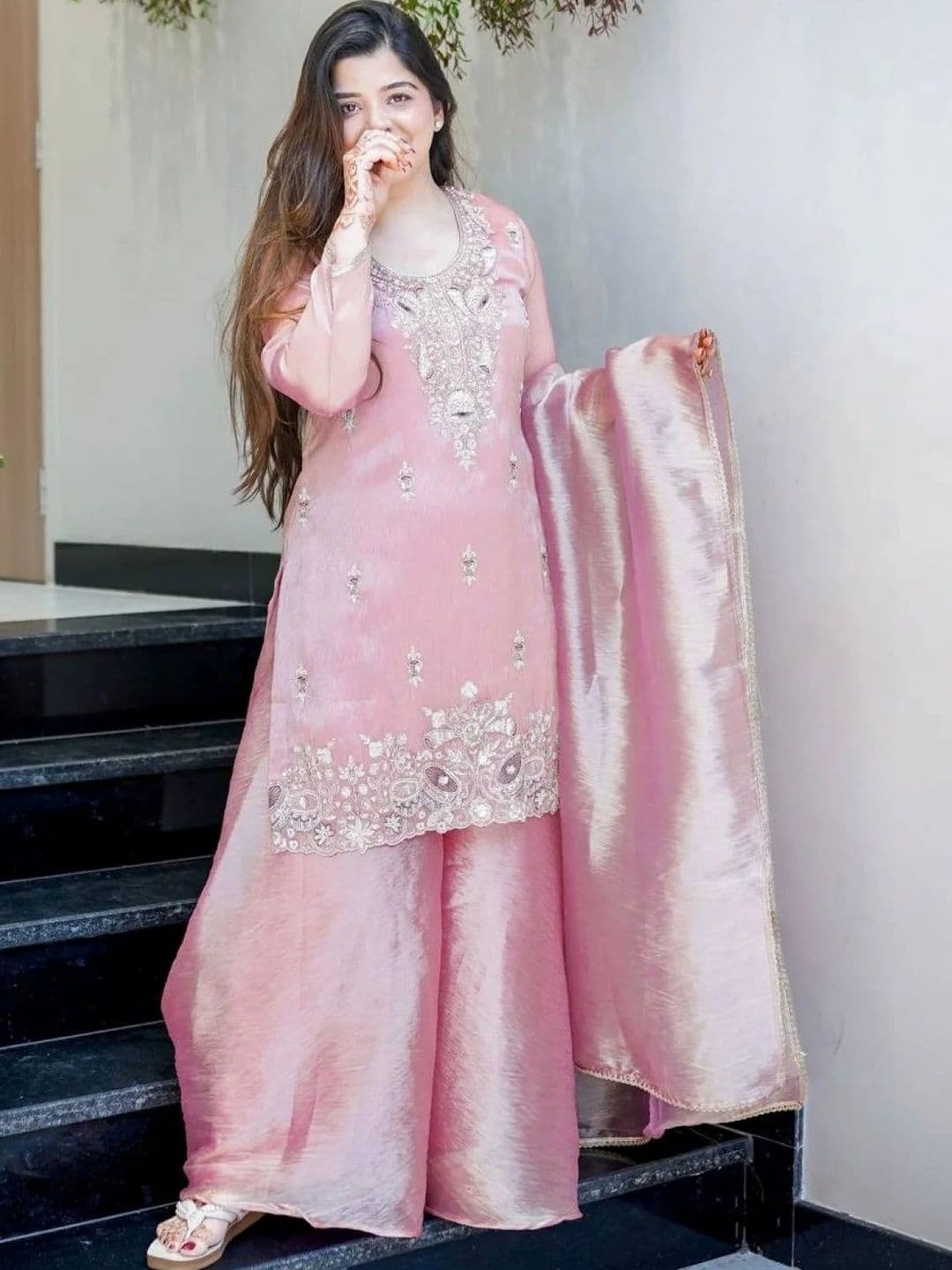 ZONFAB Women Embroidered Regular Sequinned Kurta with Palazzos & With Dupatta - view 1