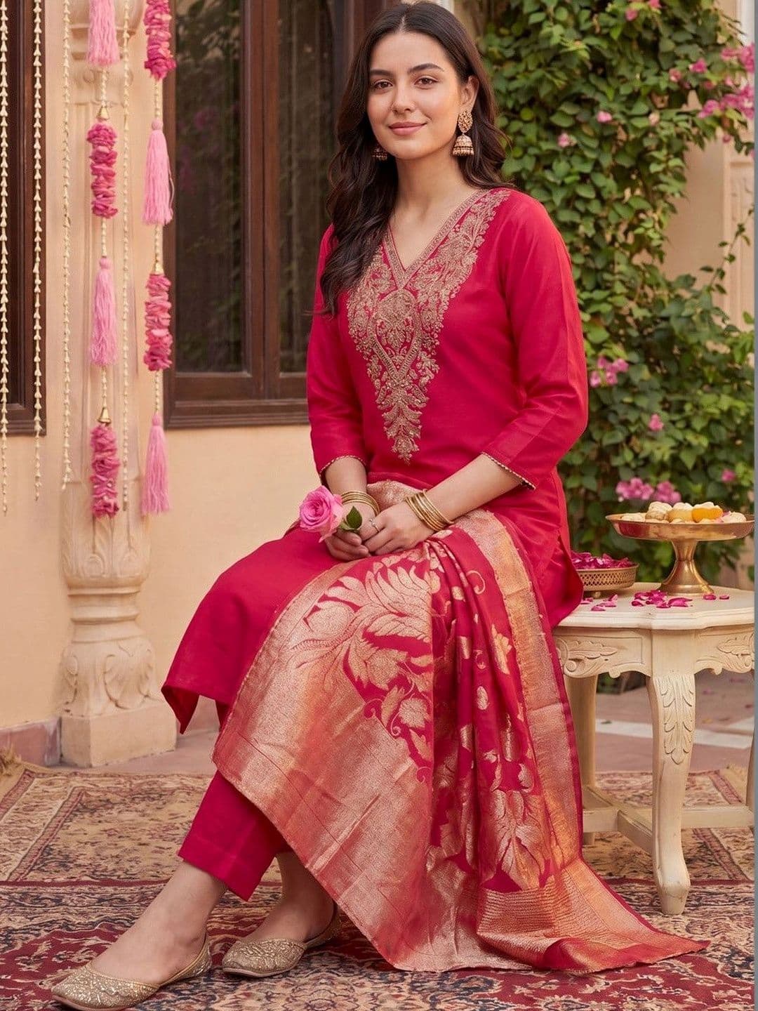 Indo Era Women Ethnic Motifs Embroidered Regular Thread Work Kurta with Trousers & With Dupatta - view 1
