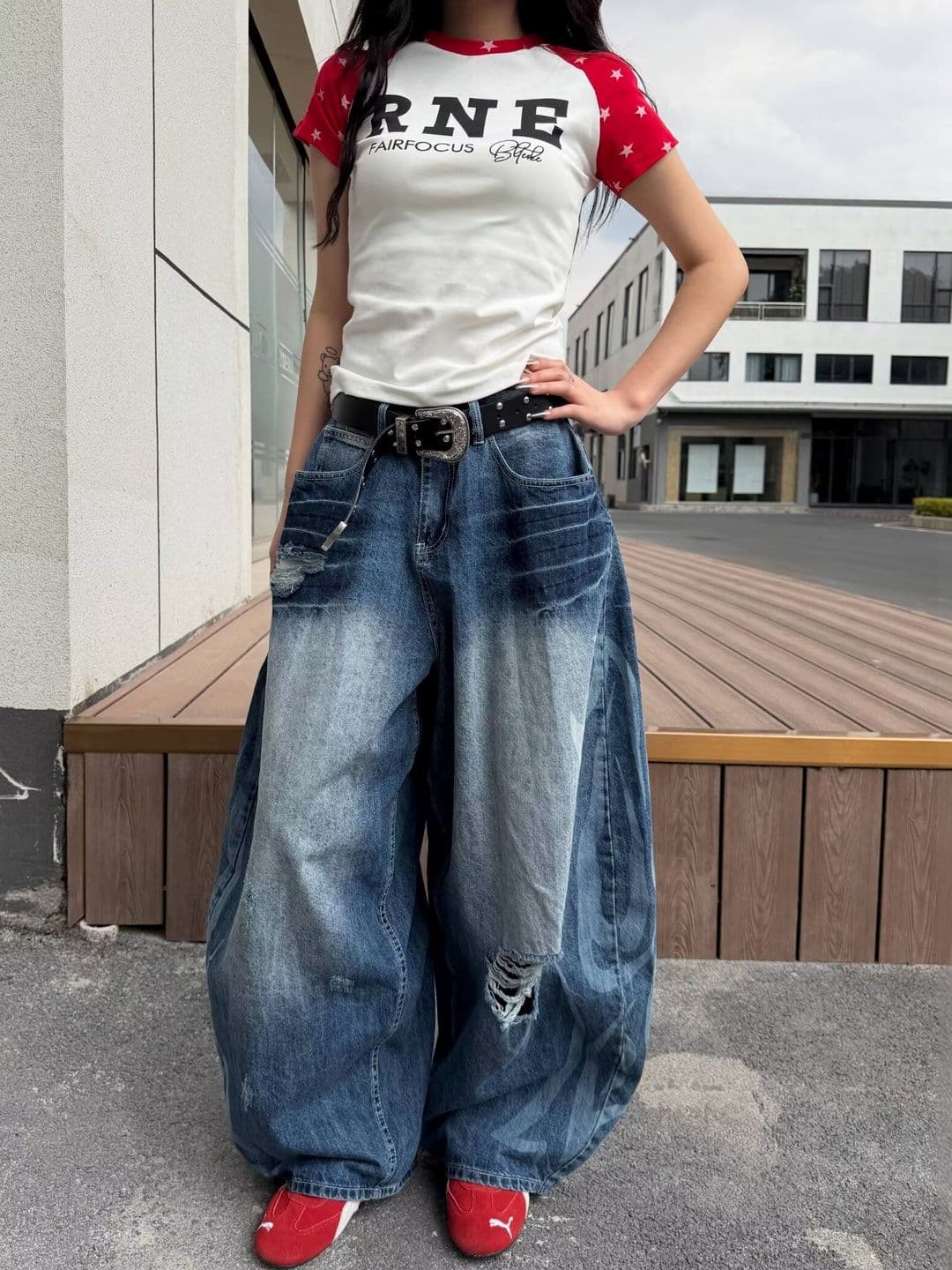Suo Women Wide Leg Mid-Rise Highly Distressed Heavy Fade Jeans - view 1