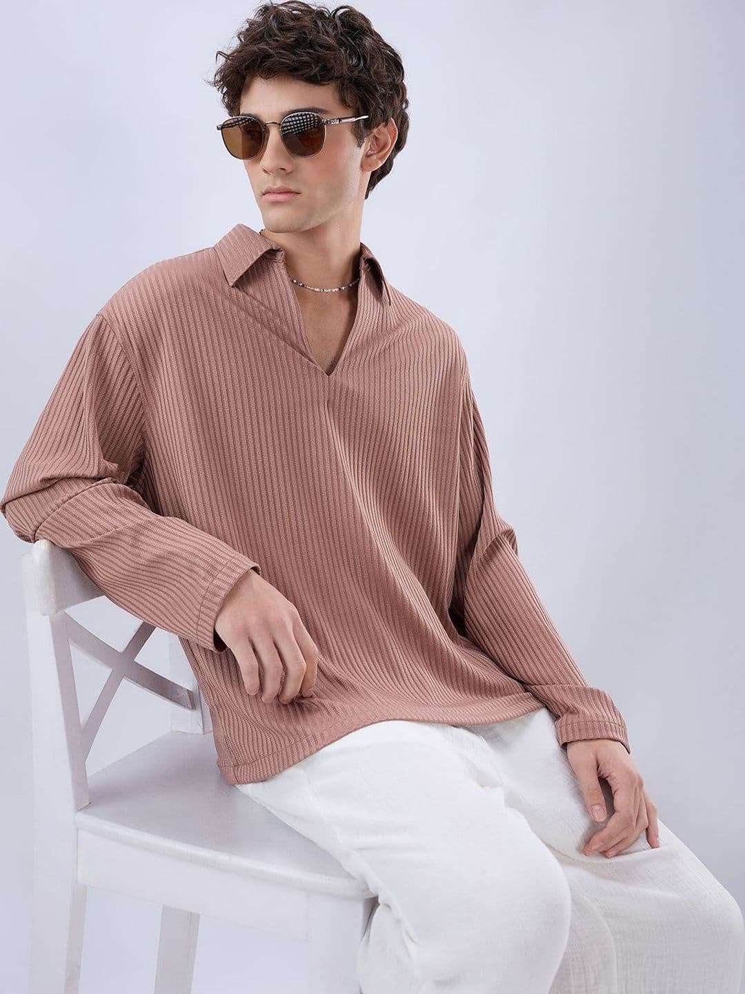 VASTRADO Warm Peach Dual Weave Striped Oversized Polo Knit Shirt - view 1