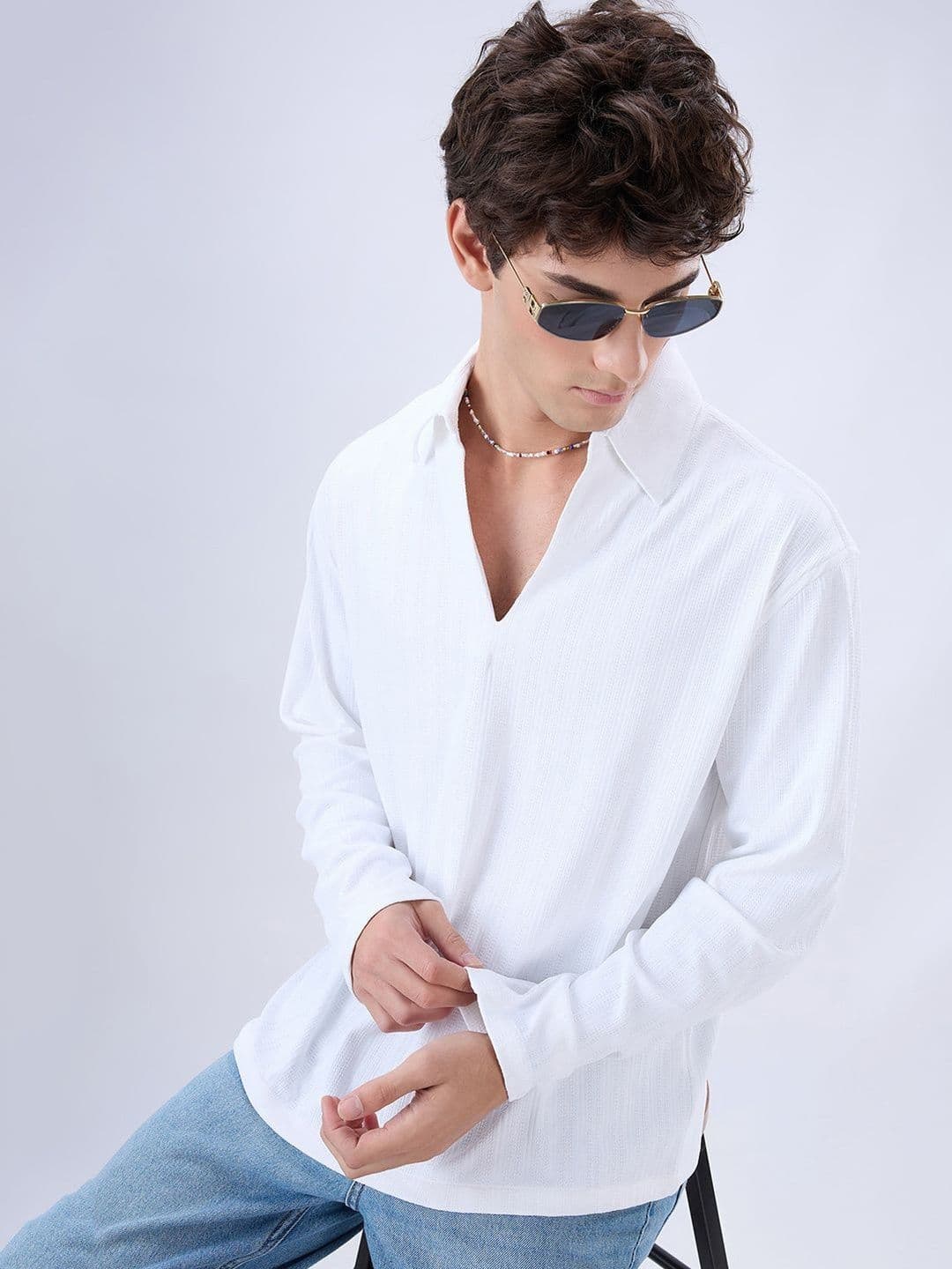 VASTRADO Snow White Micro Weave Knitted Oversized Polo Shirt - view 1