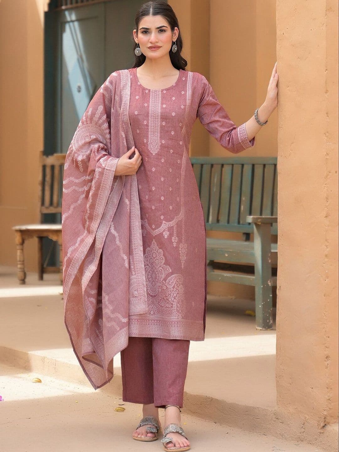 SKYLEE Women Ethnic Motifs Printed Regular Pure Cotton Kurta with Trousers & With Dupatta - view 1