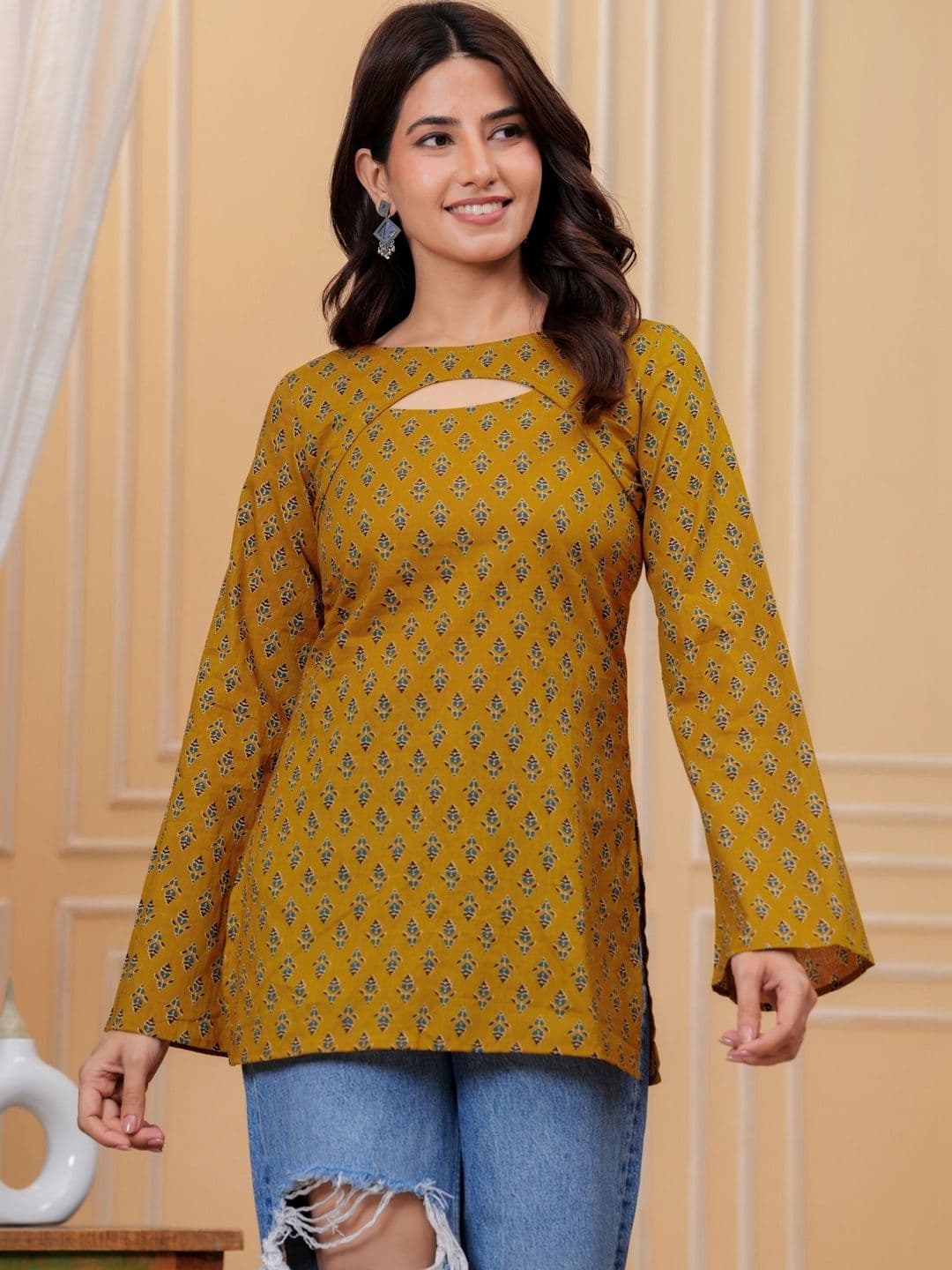 GAYRAA Women Mustard Ethnic Motifs Printed Short Kurta With Jacket - view 1