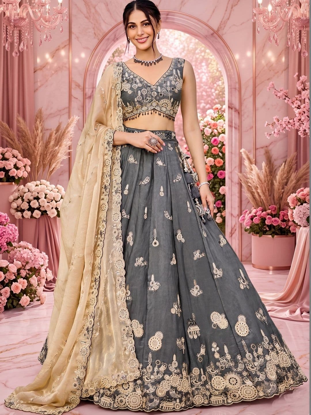 NAVYAAZRI Embroidered Sequinned Ready to Wear Lehenga & Blouse With Dupatta - view 1
