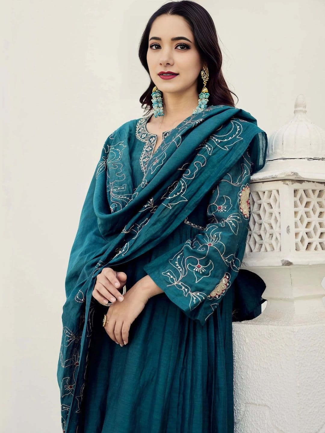HERE&NOW Women Ethnic Motifs Embroidered Regular Thread Work Kurta with Palazzos & With Dupatta - view 1