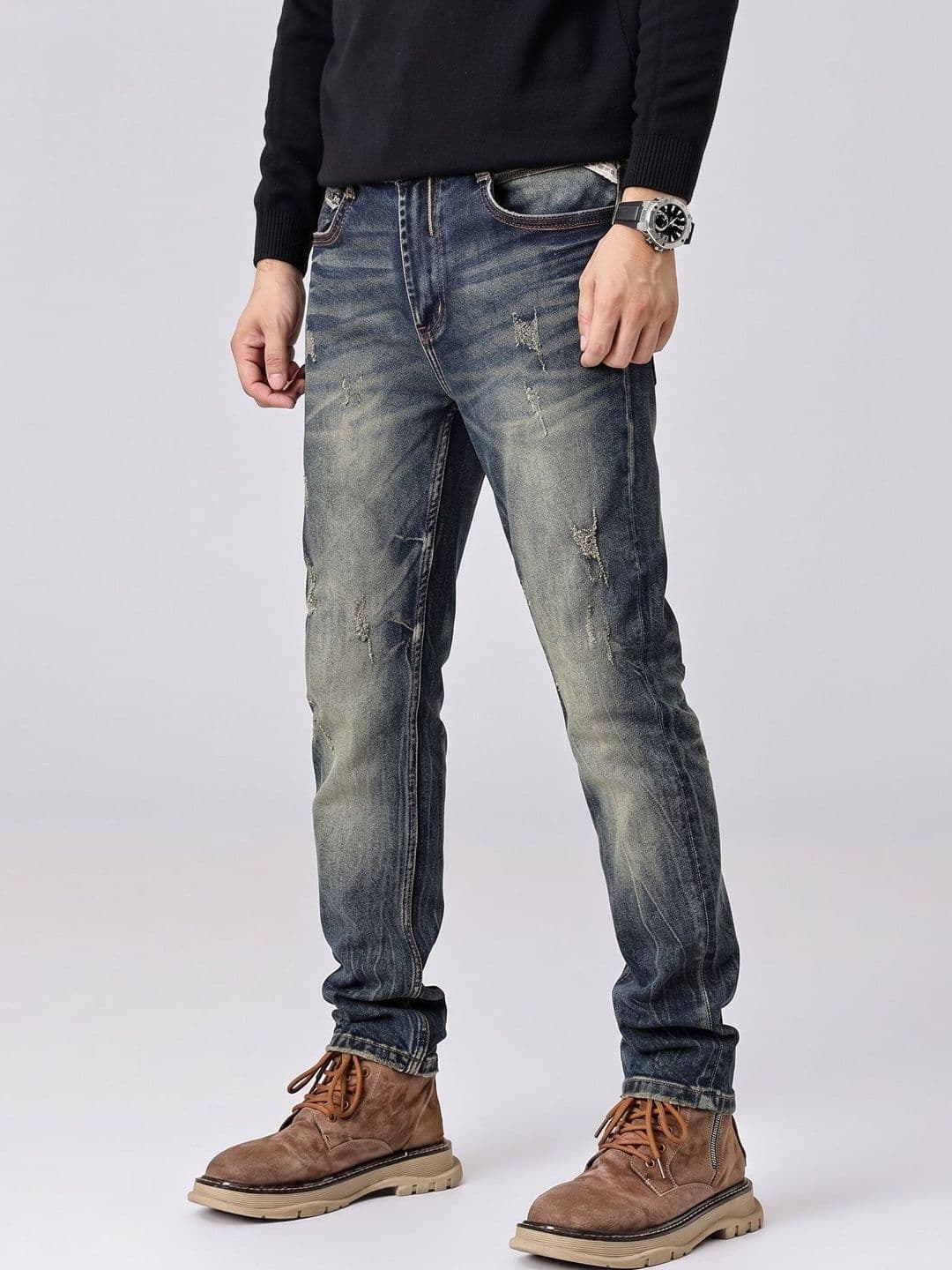 Suo Men Straight Fit Mid-Rise Highly Distressed Light Fade Jeans - view 1