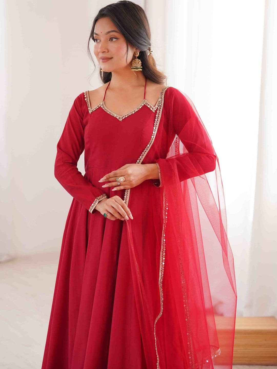 HERE&NOW Women Regular Gotta Patti Chanderi Silk Kurta with Trousers & With Dupatta - view 1