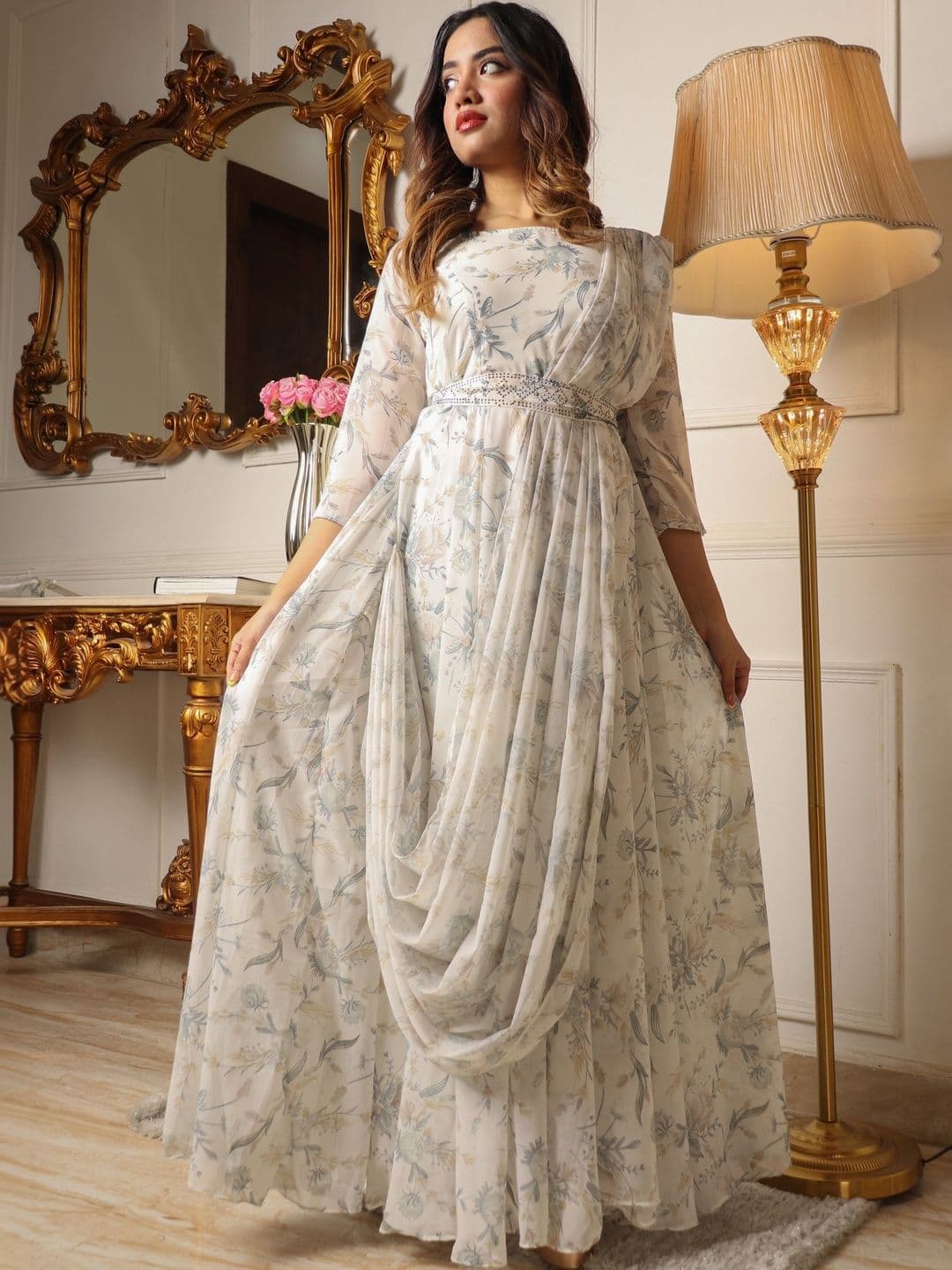 Sangria Floral Print Anarkali Gown With Attached Dupatta - view 1