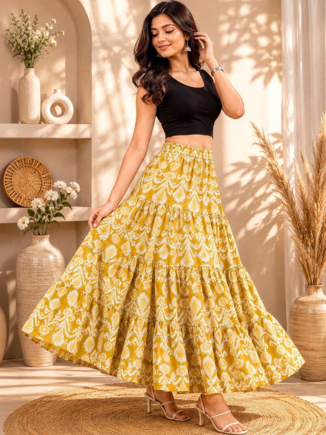 HARAYE Women Pure Cotton Cotton Cambric Floral Maxi Tiered Skirt - view 1