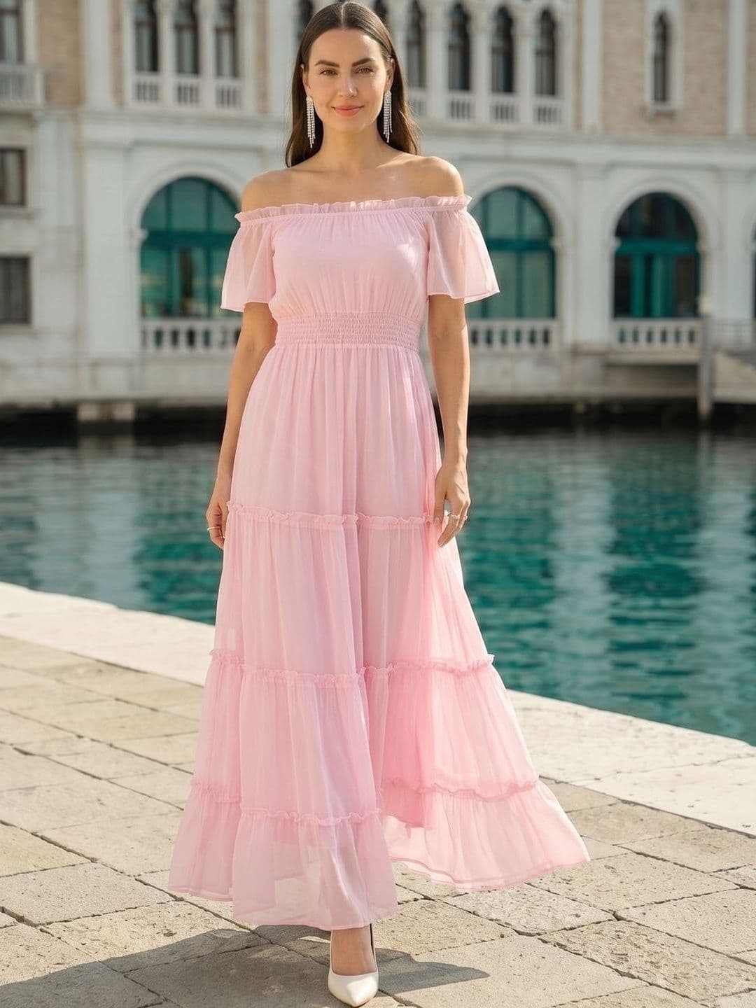 aayu Off-Shoulder Smocked Tiered Chiffon Fit & Flare Maxi Dress - view 1