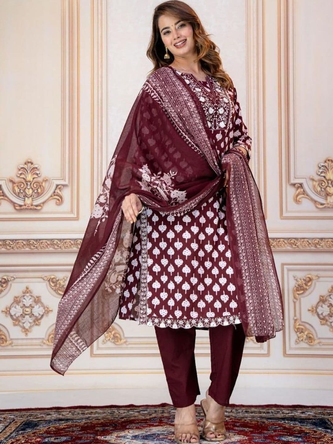 KALINI Women Ethnic Motifs Printed Regular Chikankari Pure Cotton Kurta with Trousers & With Dupatta - view 1