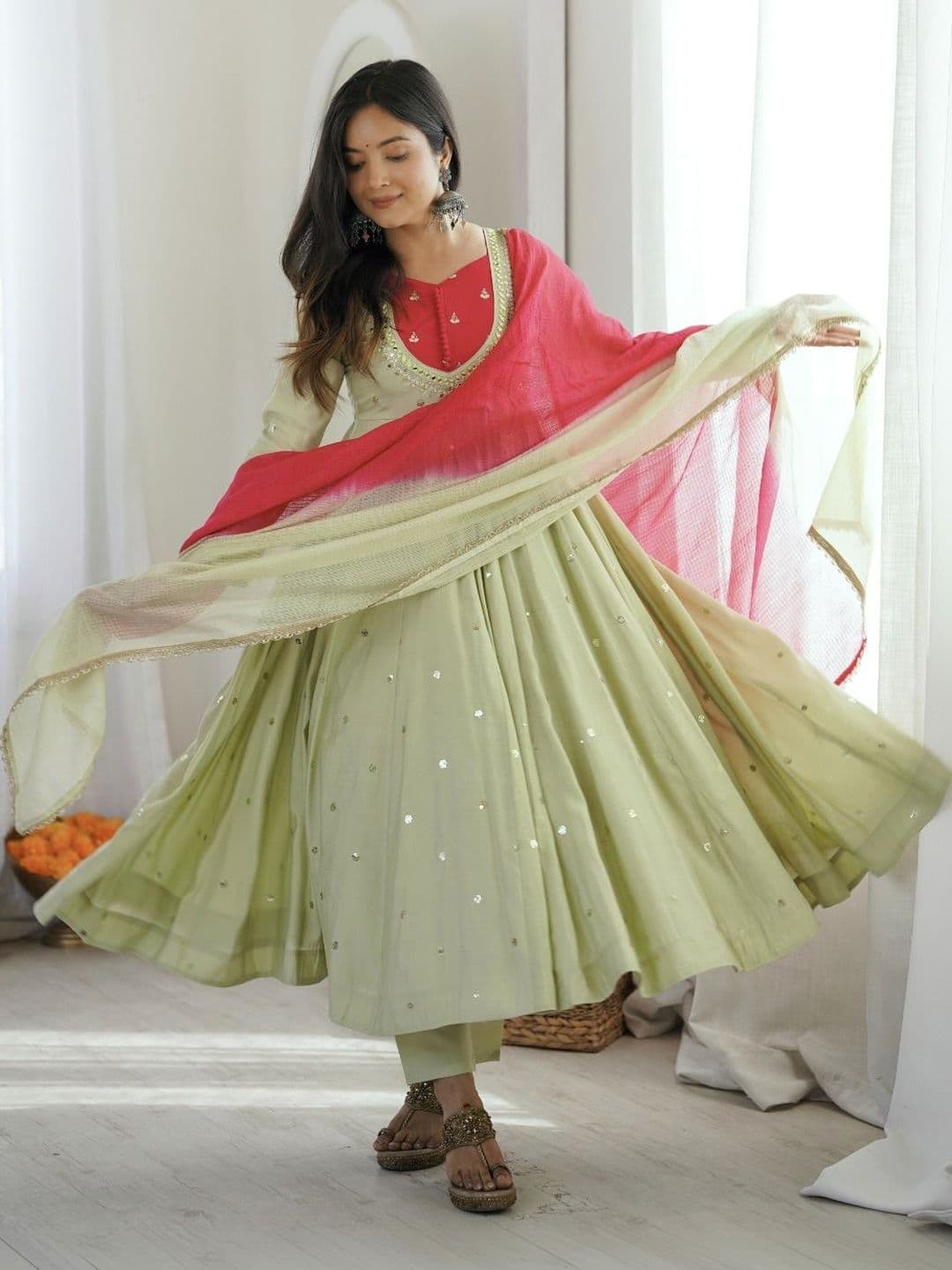 SAJAVAT ETHENIC WEAR Women Ombre Embroidered Empire Mirror Work Kurta with Trousers & With Dupatta - view 1
