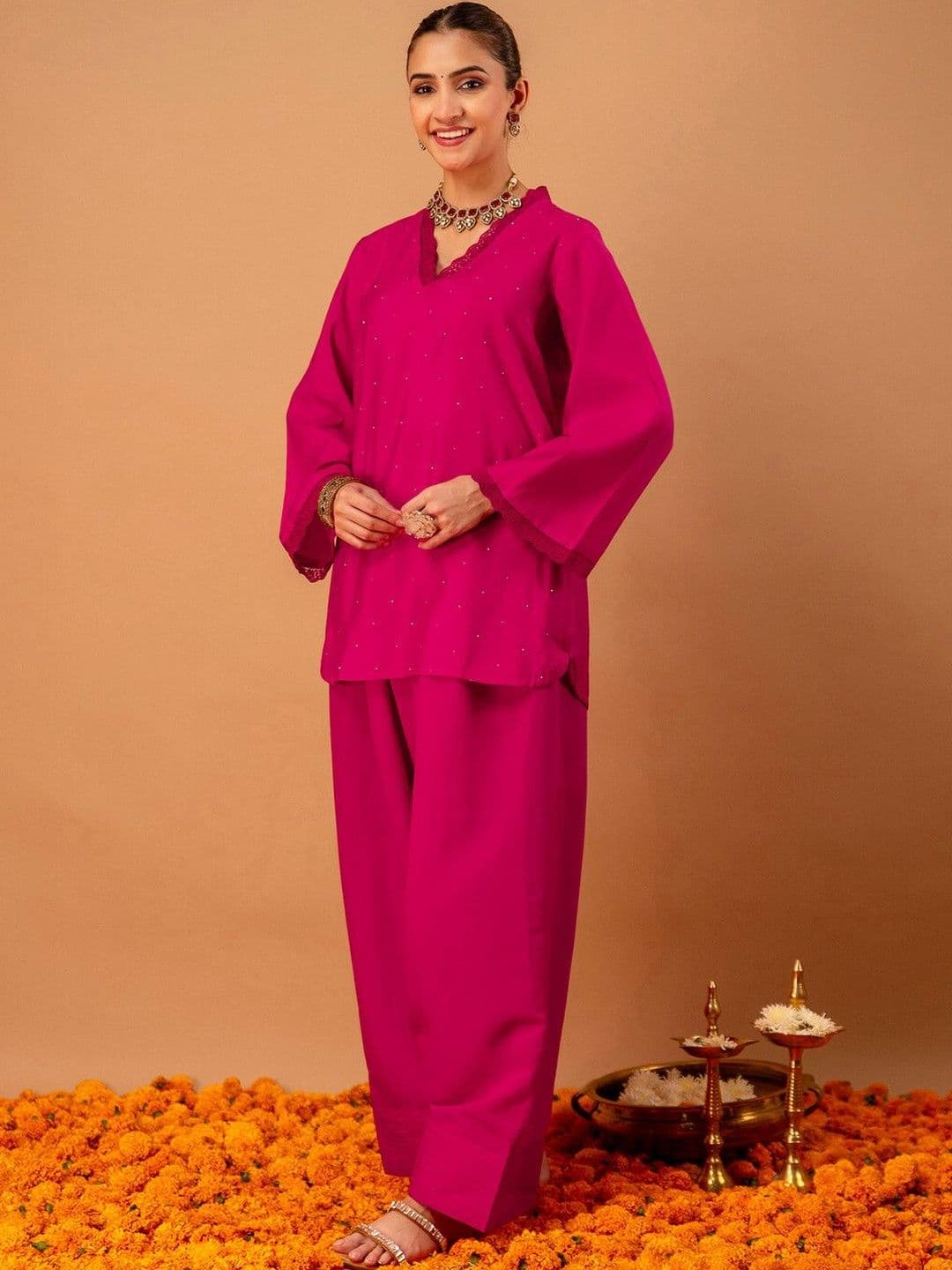 SKYLEE Stone Work Rani Pink Silk Blend Farsi Salwar Co Ords for Women - view 1