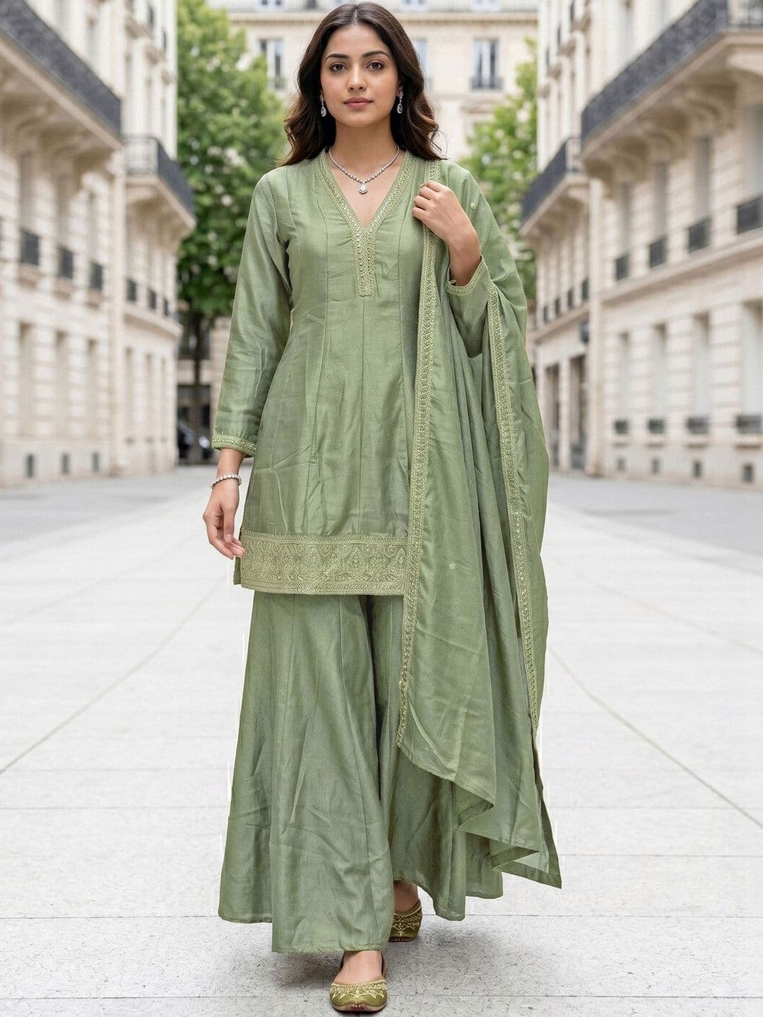 SANISA Women Regular Thread Work Kurta with Sharara & With Dupatta - view 1