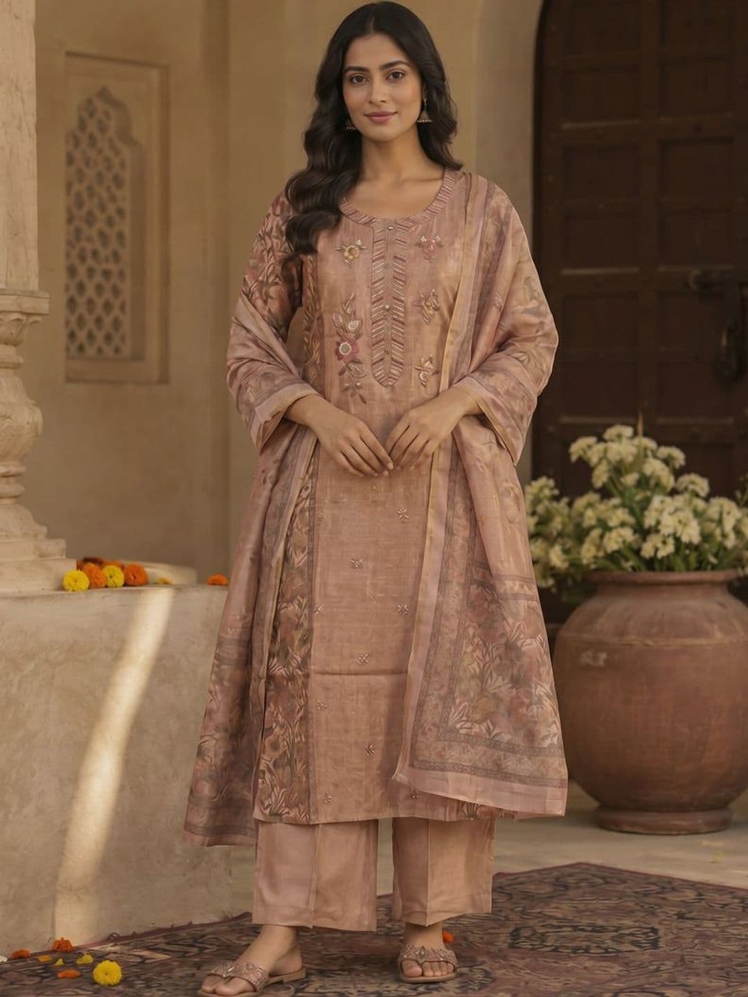 all about you Women Floral Embroidered Regular Thread Work Linen Kurta with Palazzos & With Dupatta - view 1