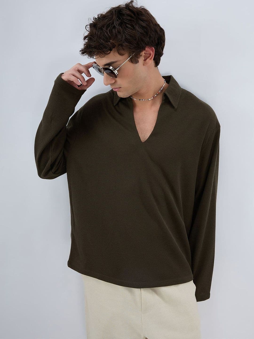 VASTRADO Mignonette Green Micro Weave Knitted Oversized Polo Shirt - view 1