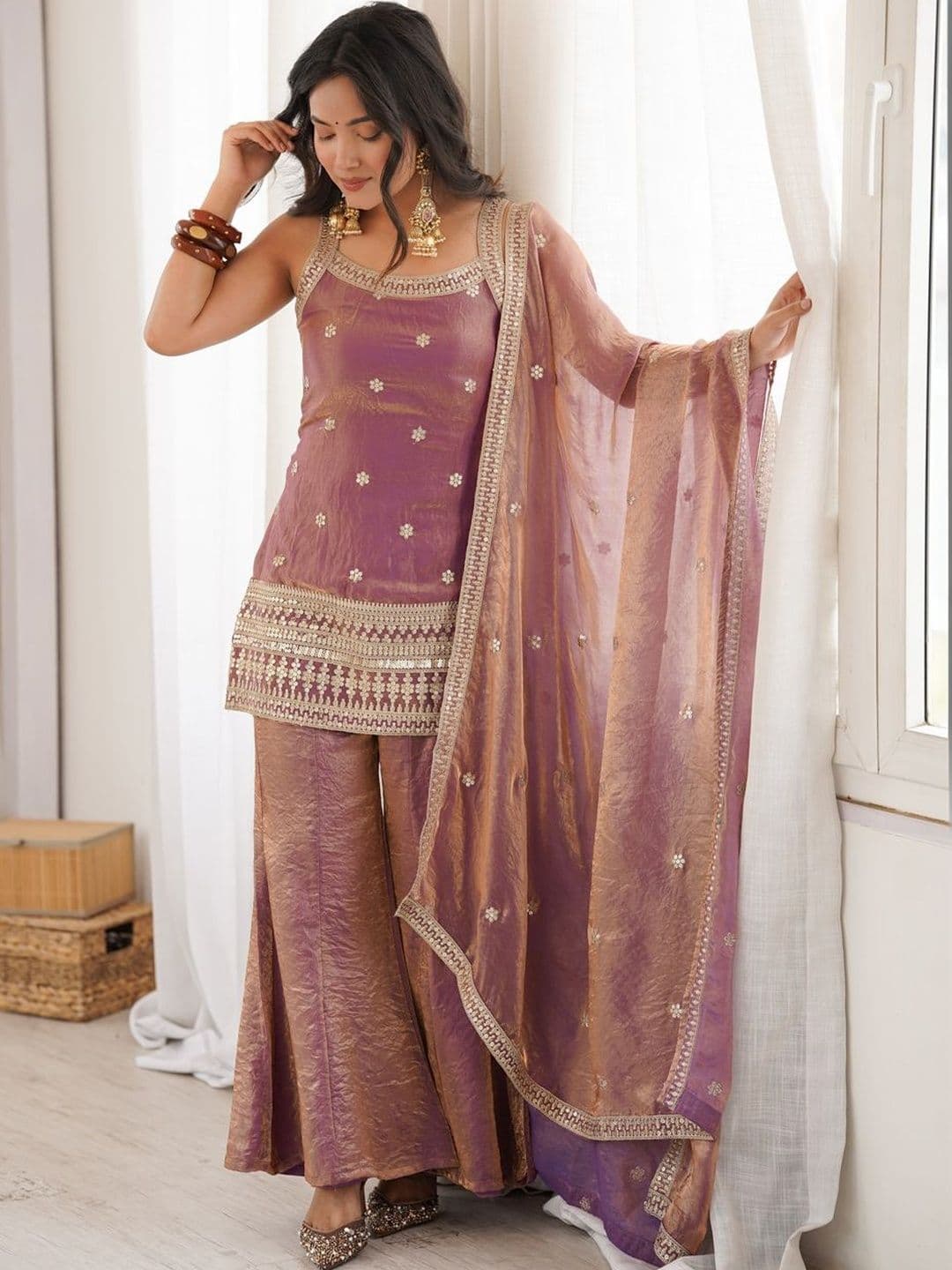 HERE&NOW Women Ethnic Motifs Embroidered Regular Kurta with Sharara & With Dupatta - view 1