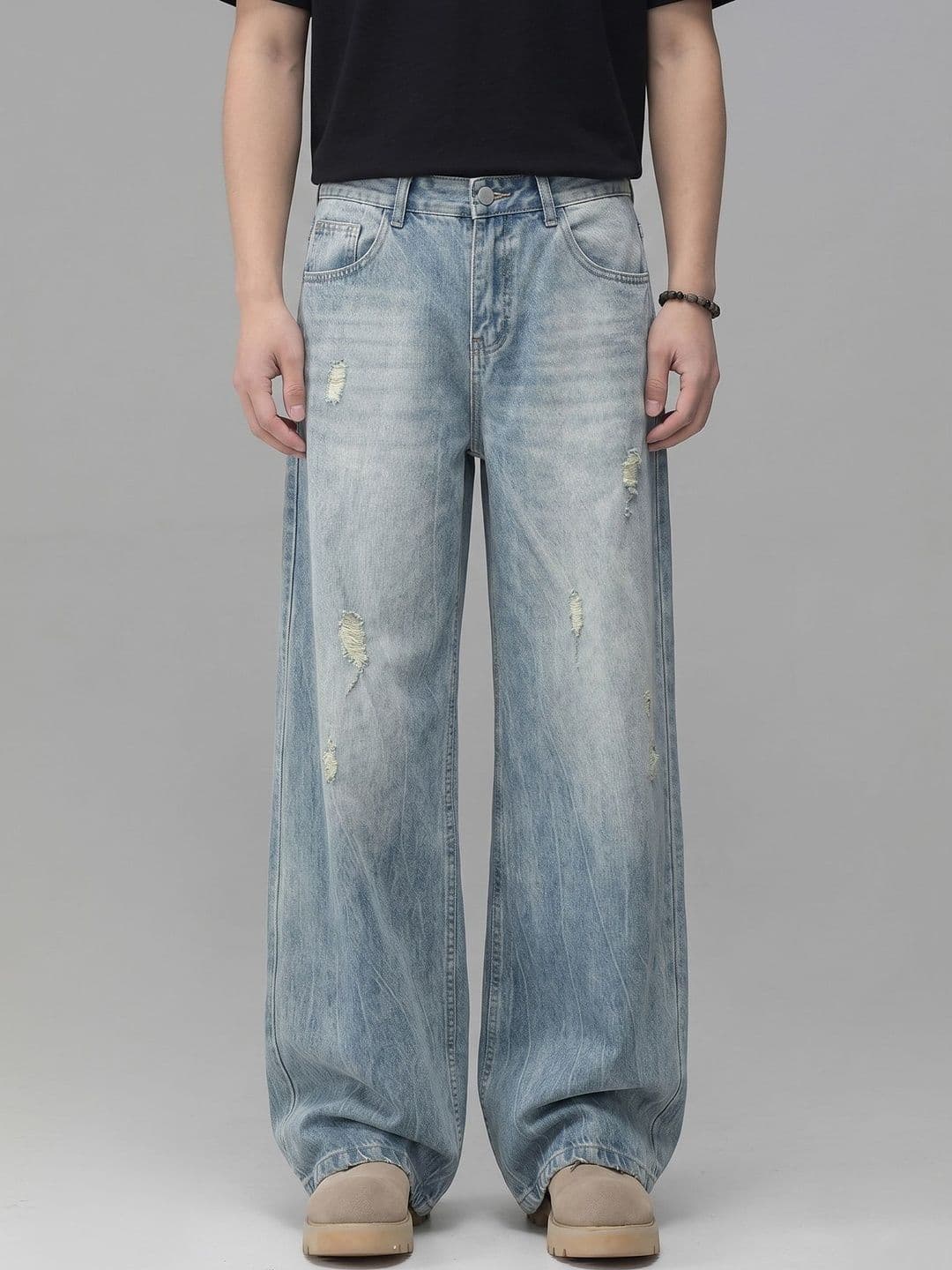 Suo Men Wide Leg Mid-Rise Highly Distressed Light Fade Jeans - view 1