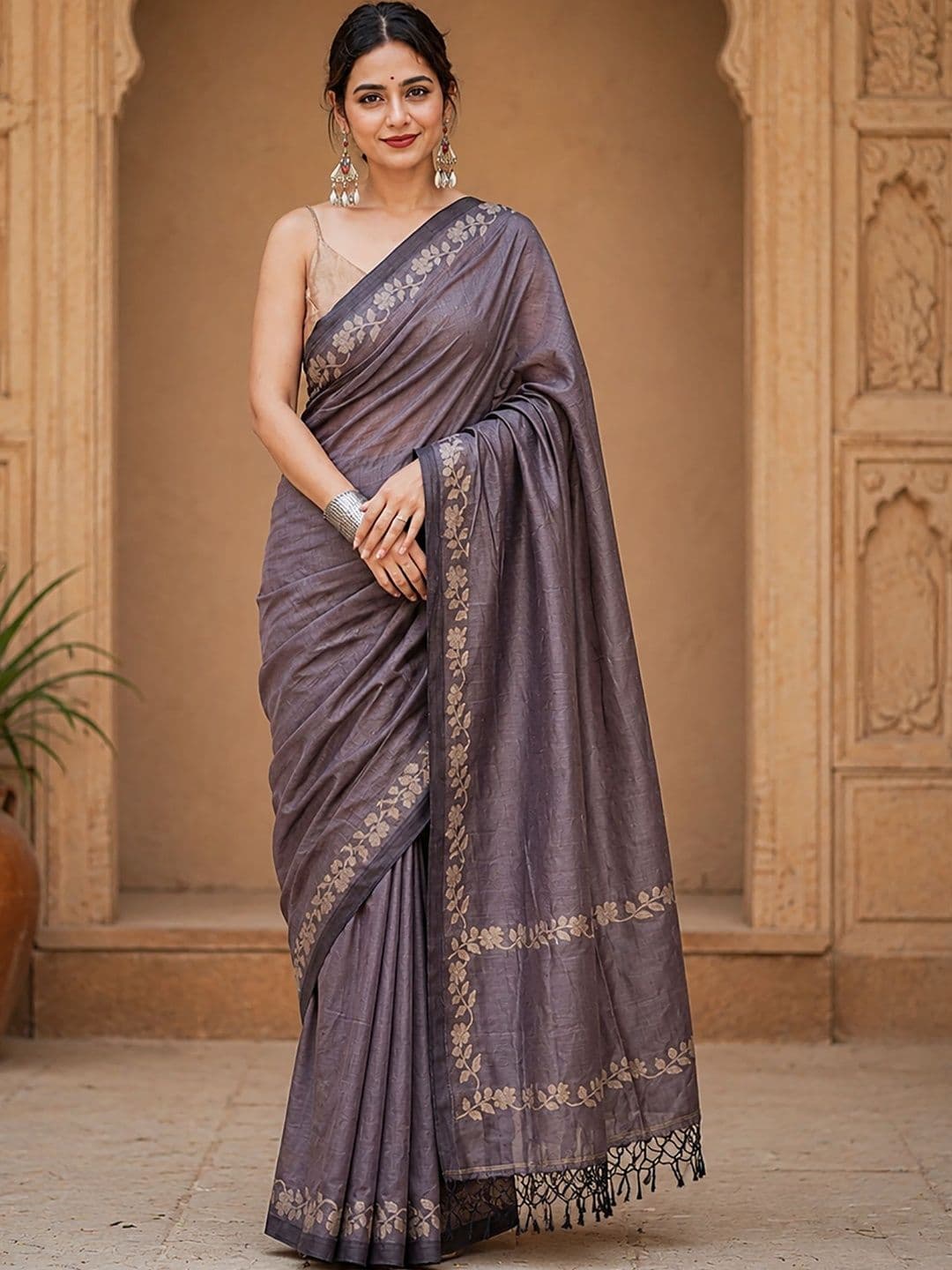 Dhaaga Ghar Floral Linen Blend Handloom Block Print Saree - view 1