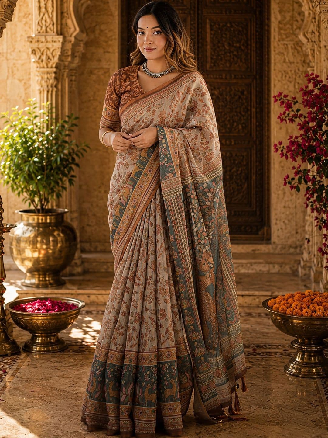 Dhaaga Ghar Ethnic Motifs Linen Blend Handloom Block Print Saree - view 1