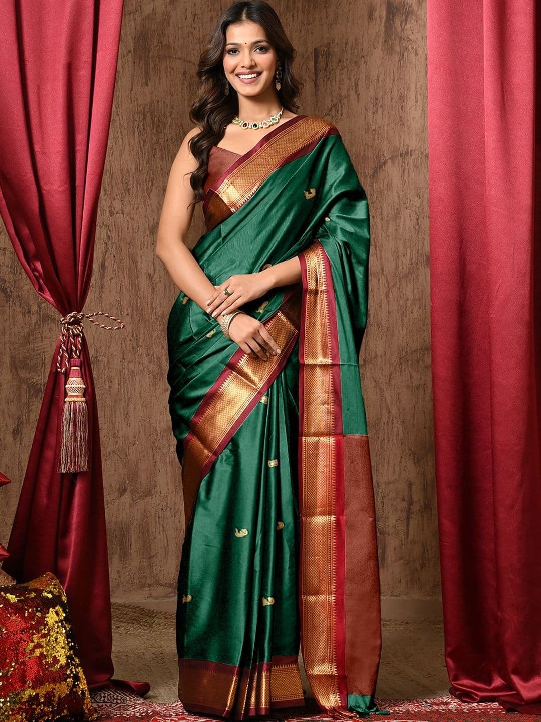 KALINI Ethnic Motifs Zari Silk Cotton Handloom Paithani Saree - view 1