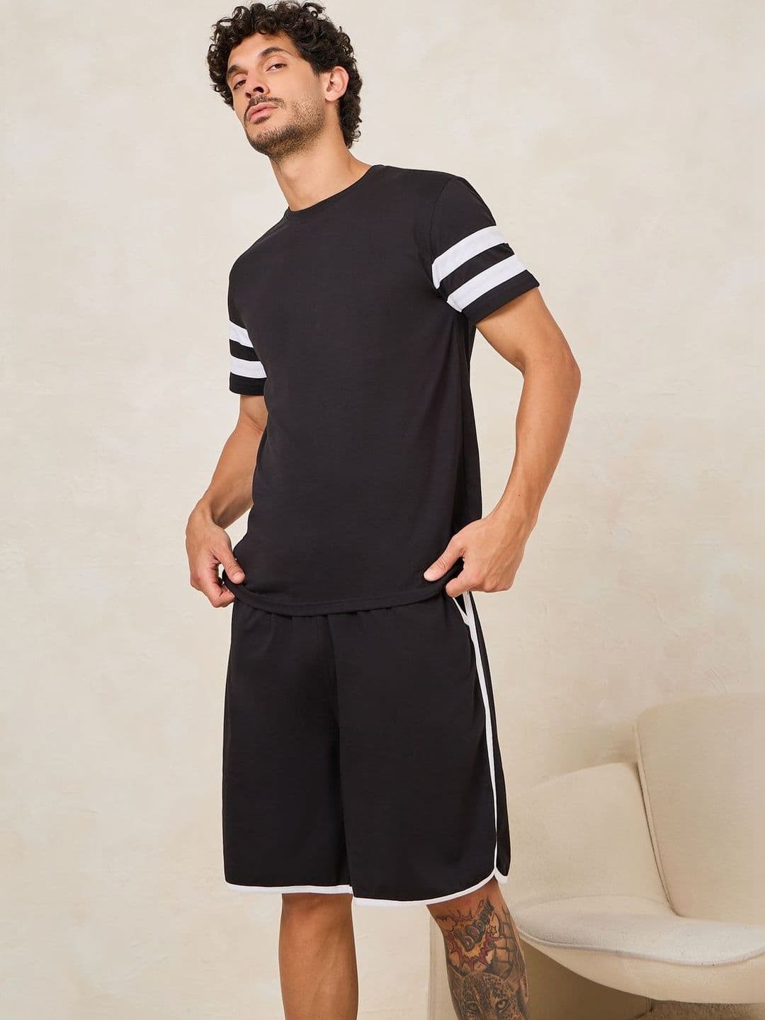 Styli Men Regular Fit Striped T-shirt and Short Set With Contrast Detail - view 1