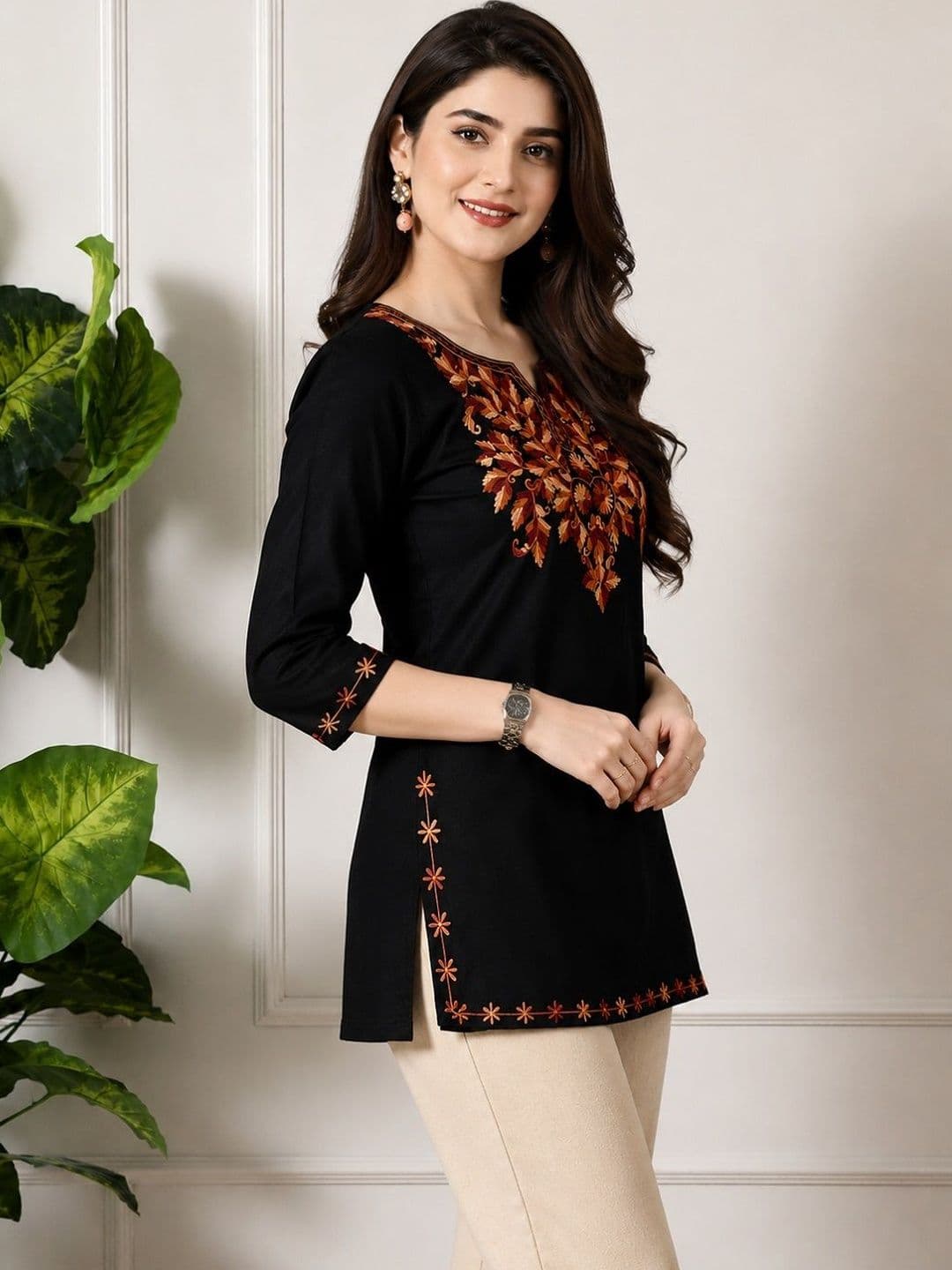KALINI Ethnic Motifs Embroidered V-Neck Thread Work Pure Cotton Thread Work Kurti - view 1