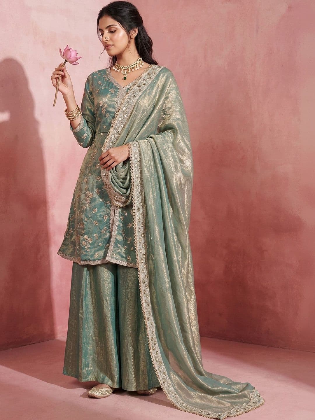 DRIP CHOWK Women Ethnic Motifs Embroidered Regular Pure Silk Kurta with Sharara & With Dupatta - view 1