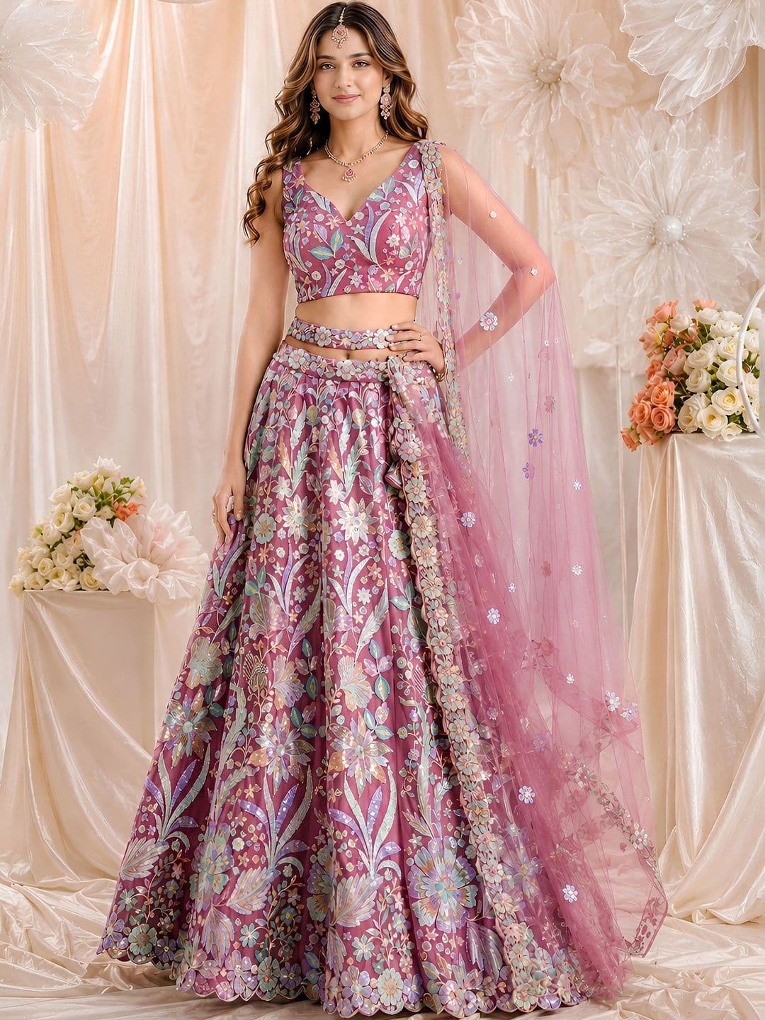 ETHNIC PLUS Pink Embroidered Sequinned Semi-Stitched Lehenga & Unstitched Blouse With Dupatta - view 1